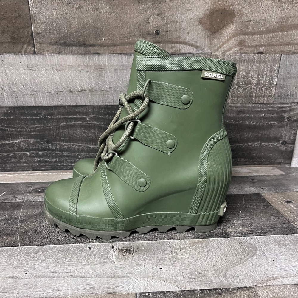 Sorel Joan of Arctic Wedge Rain Boots Olive Green Rubber Lace Up Waterproof - Picture 4 of 12